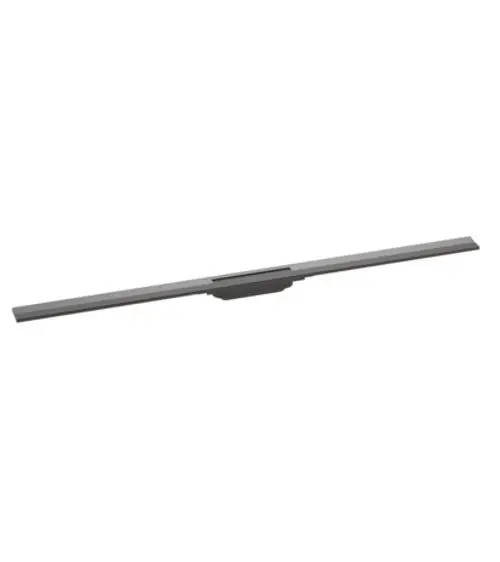 Schmale Duschrinne in Brushed Black Chrome von Hansgrohe, optimiert für die Integration in Bodenniveau-Duschen. Längliche Form mit mittiger Abdeckung.